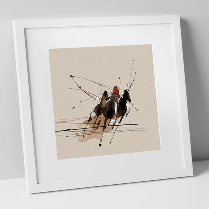 Abstract Polo Charge polo horse art print in white frame