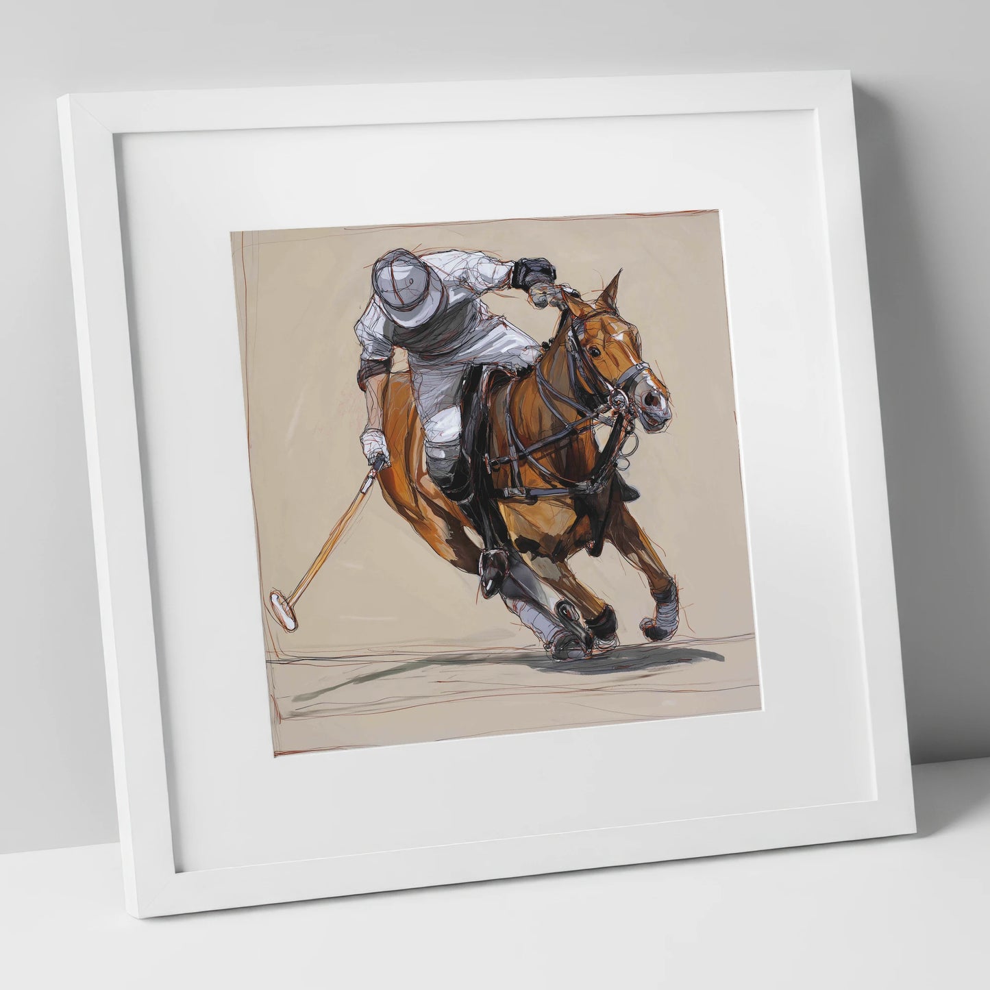 The Decisive Strike polo horse art print in white frame