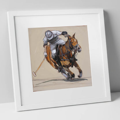 The Decisive Strike polo horse art print in white frame