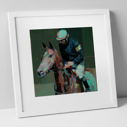 Quiet Intensity racing horse art print in white frame