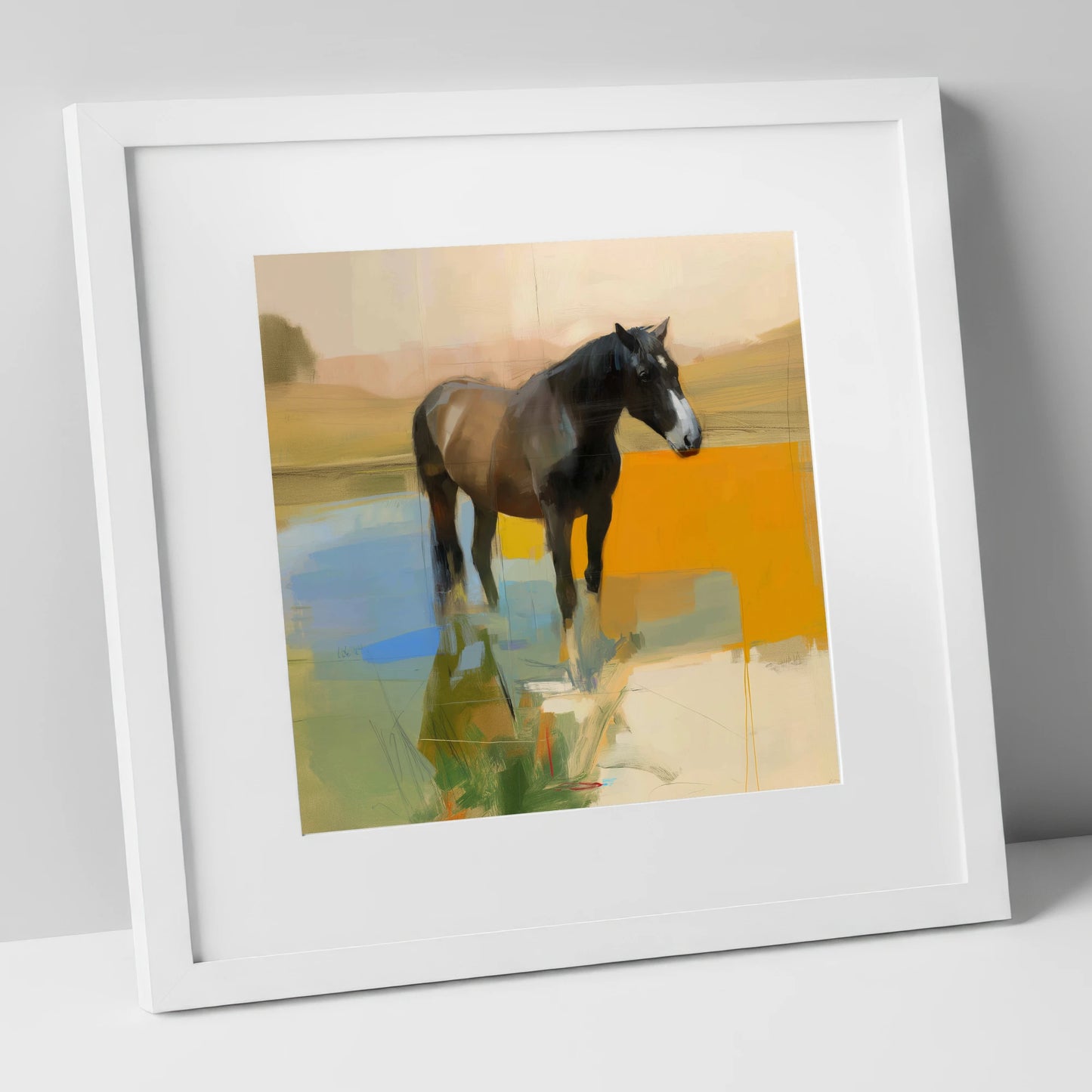 Reflections in Ochre horse portrait art print in white frame