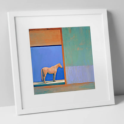 Cobalt Stable Light horse stable art print in white frame