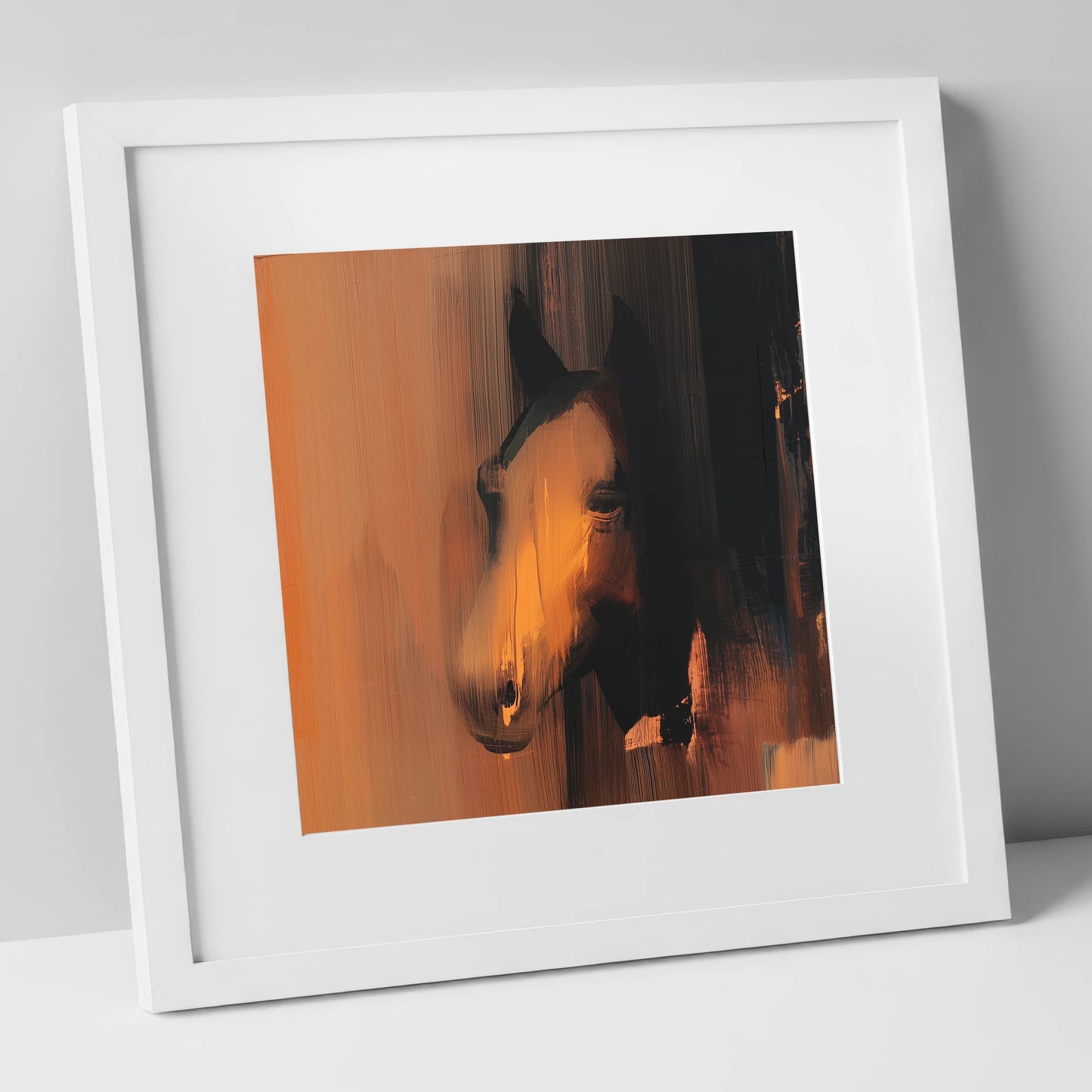 Ember and Shadow horse portrait art print in white frame