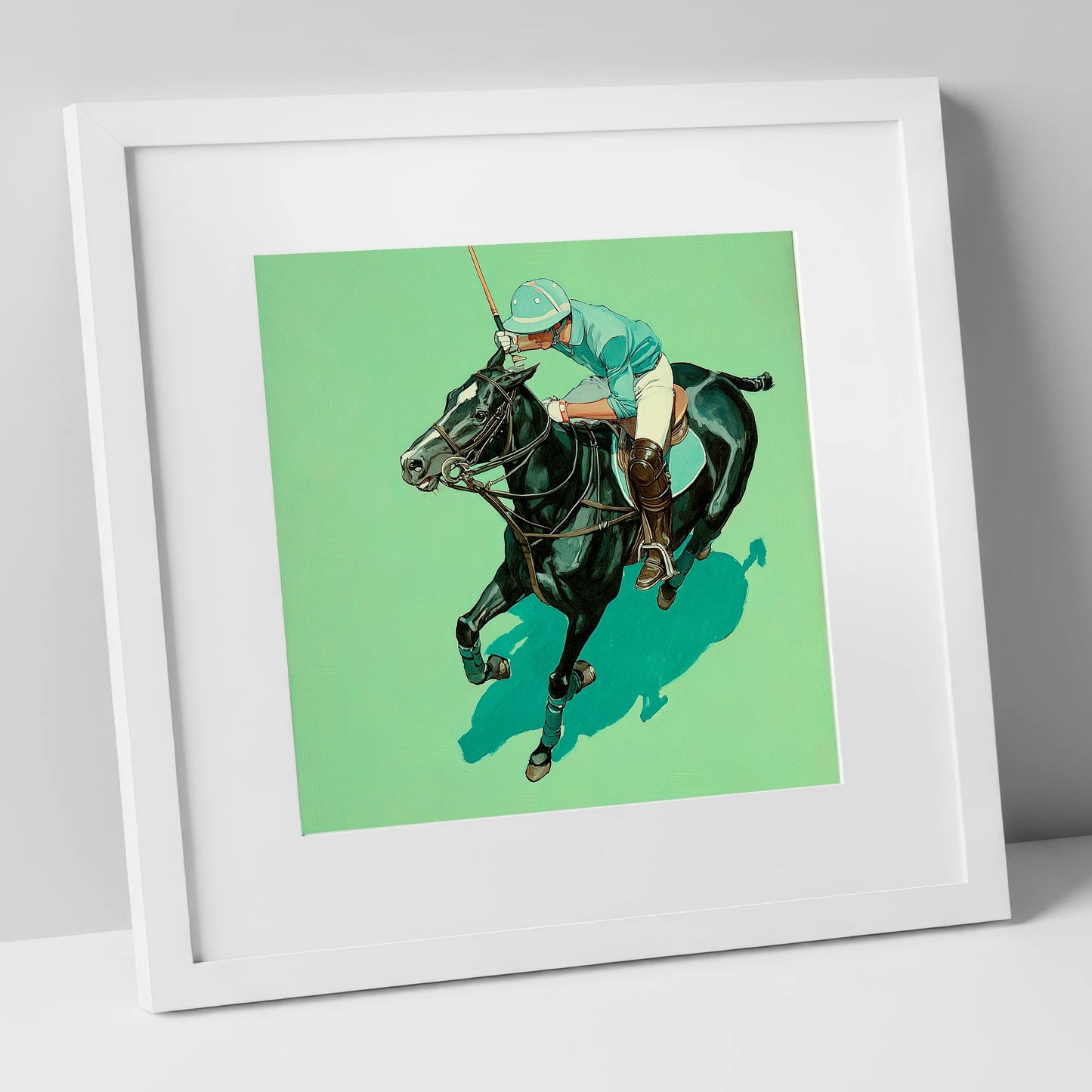The Teal Chukka polo horse art print in white frame