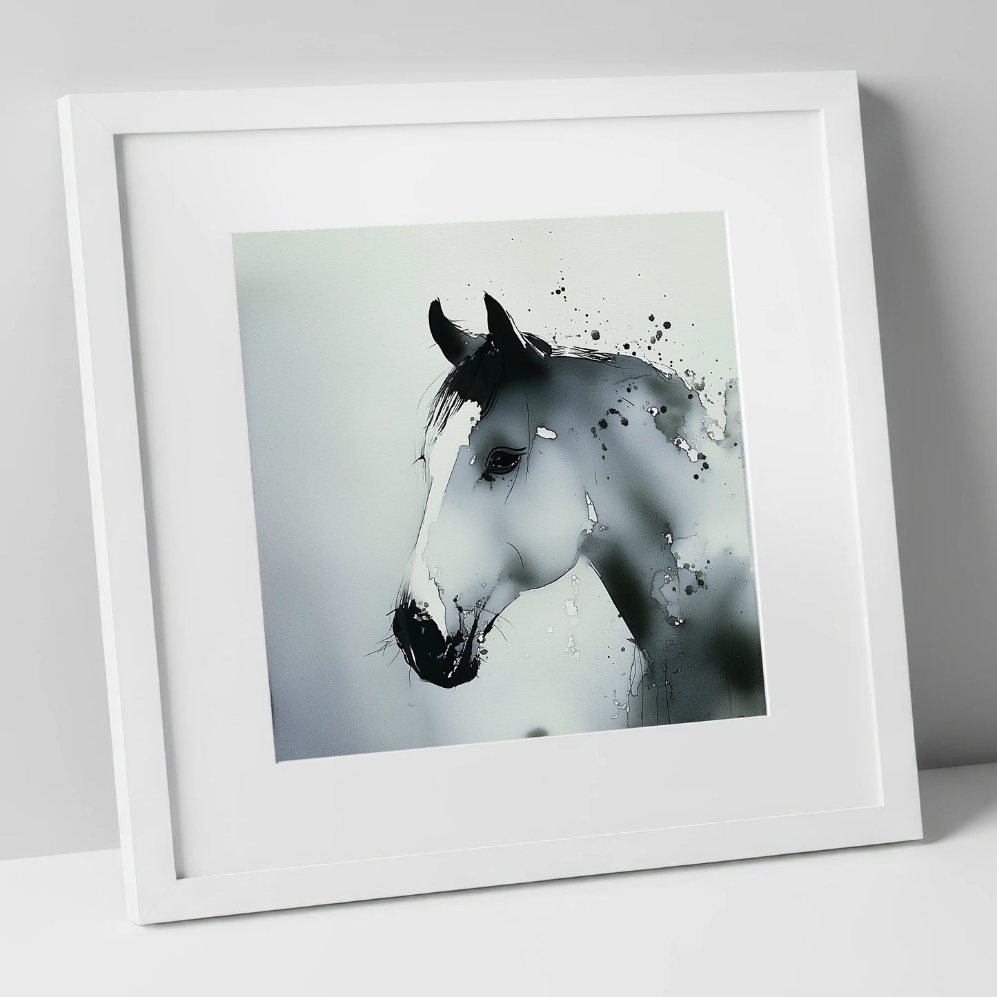 Atmospheric Grey Profile horse portrait art print in white frame