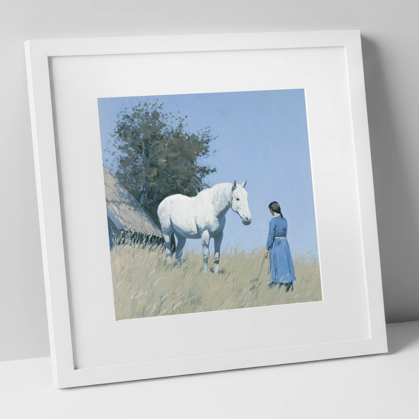 A Quiet Understanding horse & rider art print in white frame