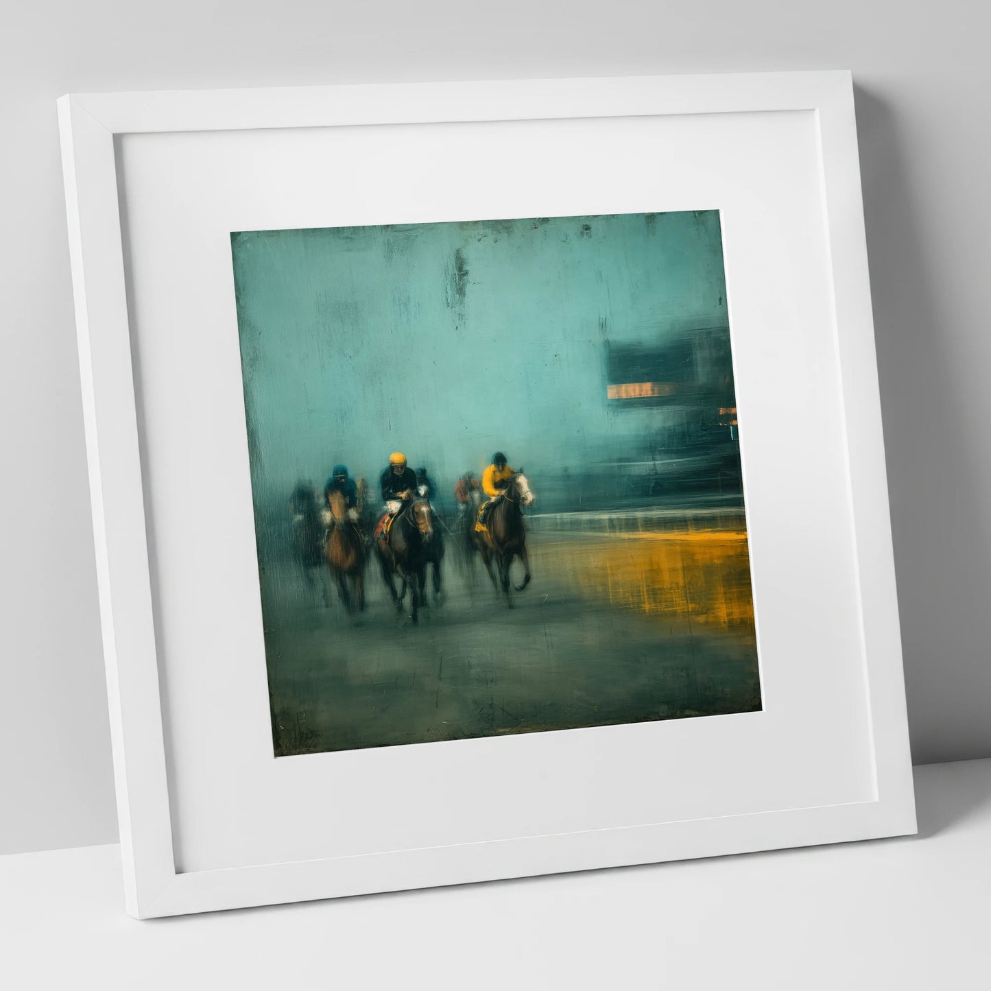 Thundering Through The Mist racing horse art print in white frame