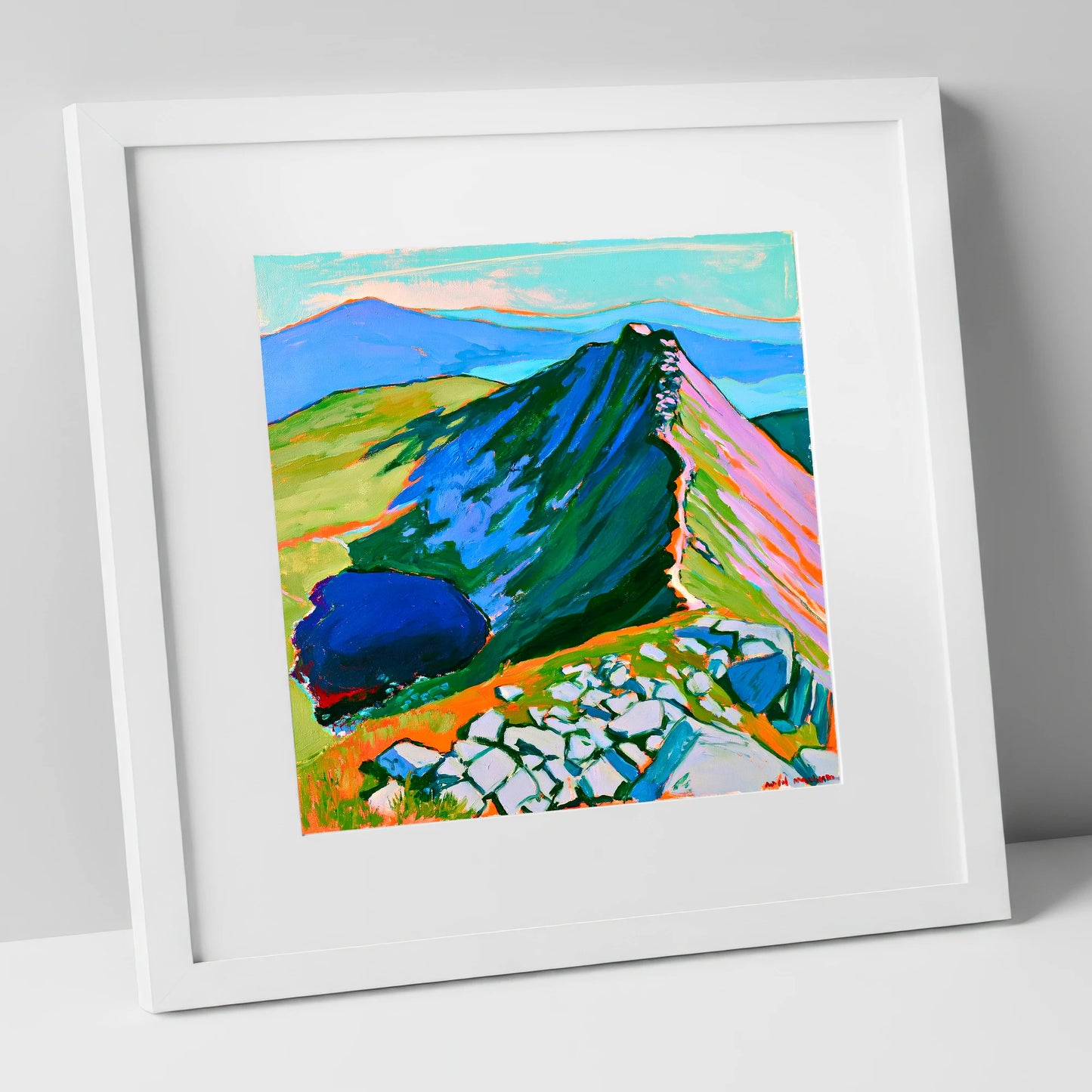 Vibrant Mountain Ridge And Tarn horse landscape art print in white frame
