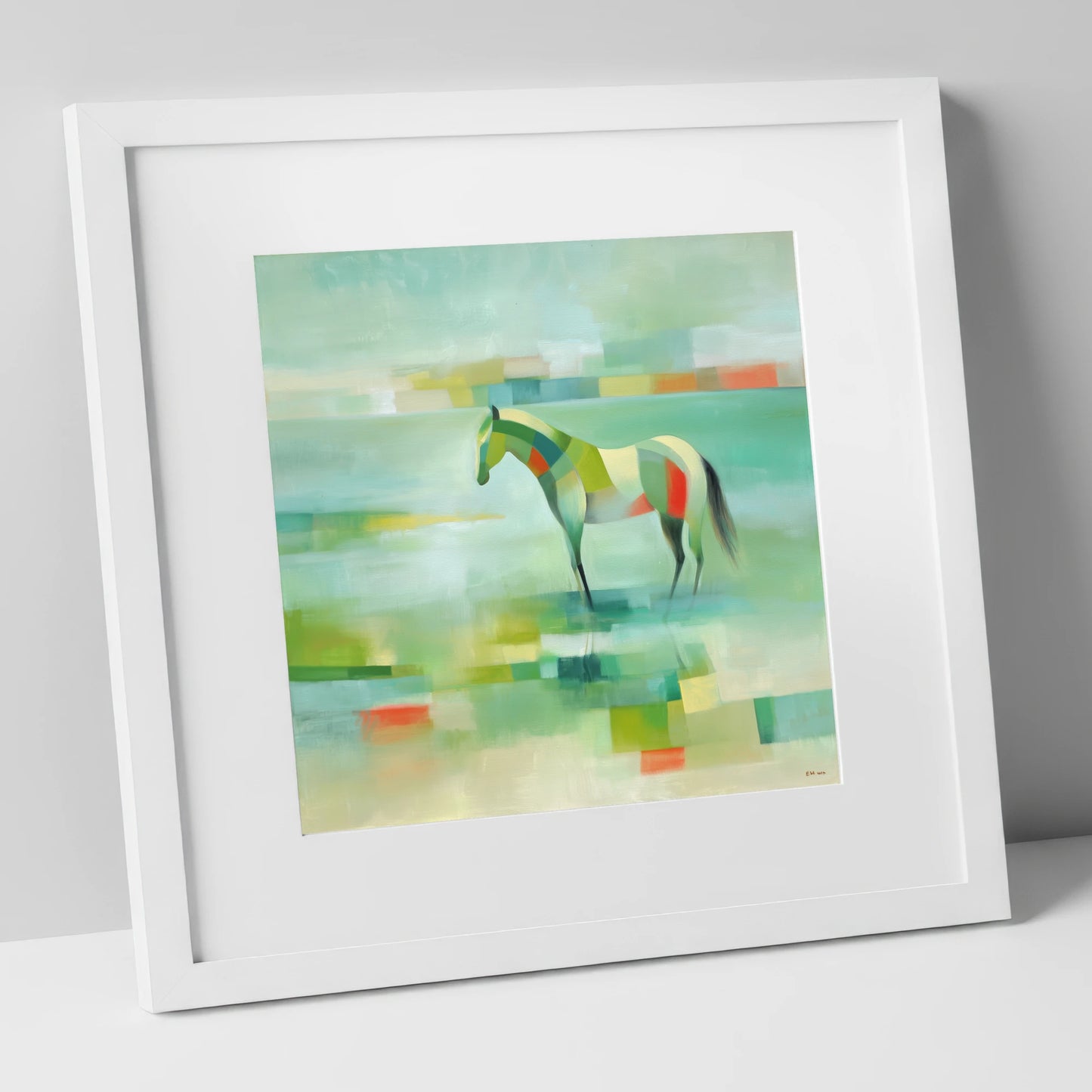 Emerald Beach Mosaic beach horse art print in white frame
