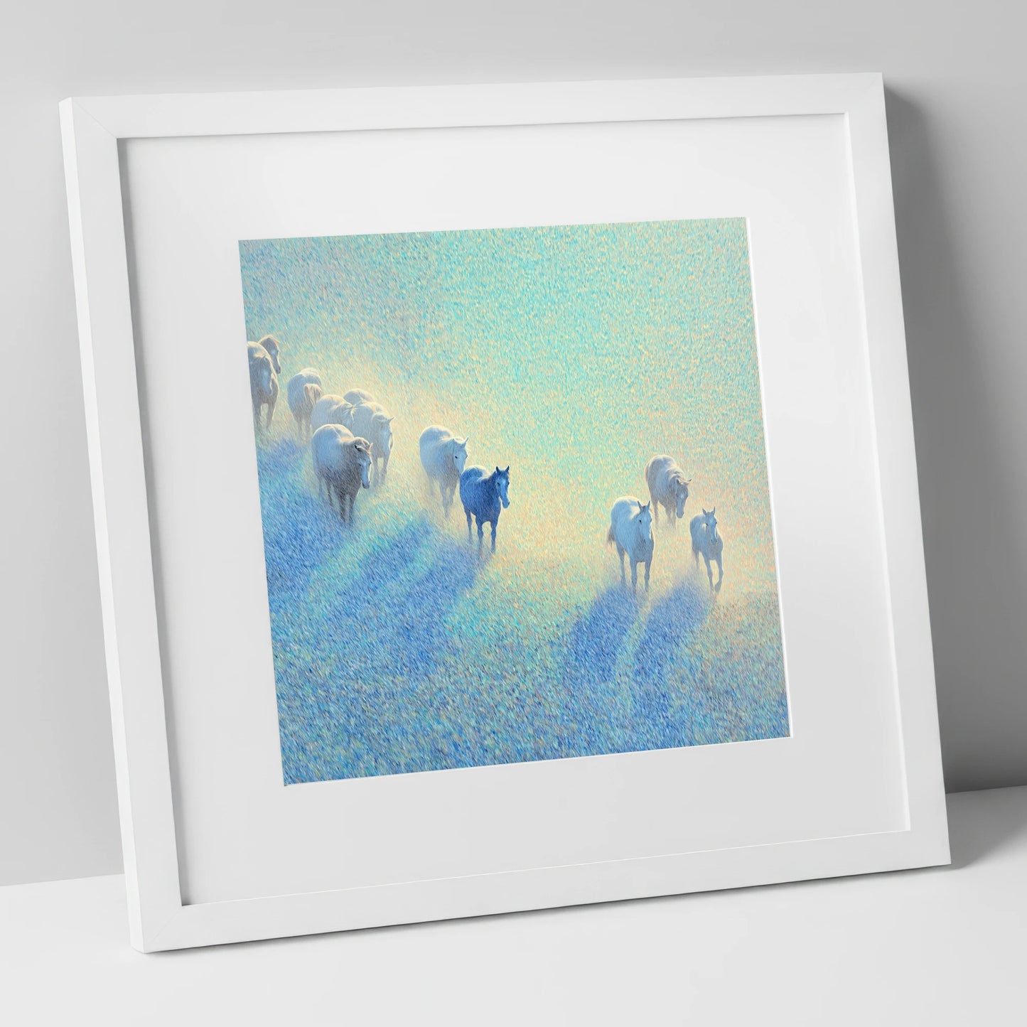 Ethereal Morning Herd wild horses art print in white frame