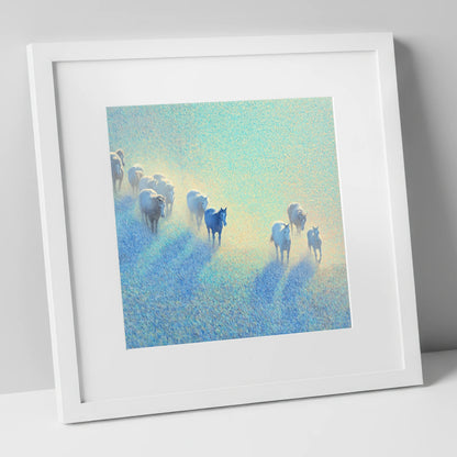 Ethereal Morning Herd wild horses art print in white frame