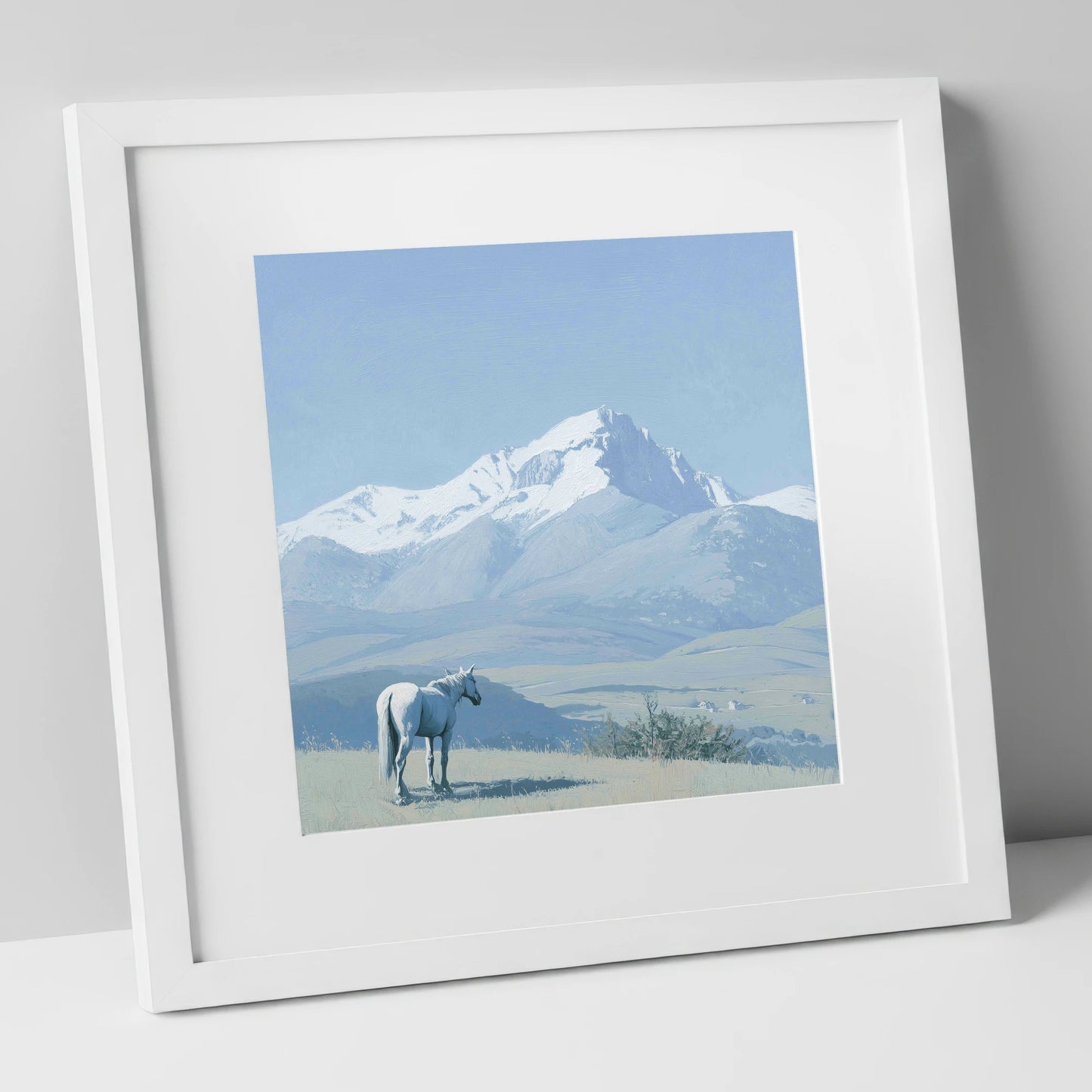 Alpine Solitude horse landscape art print in white frame