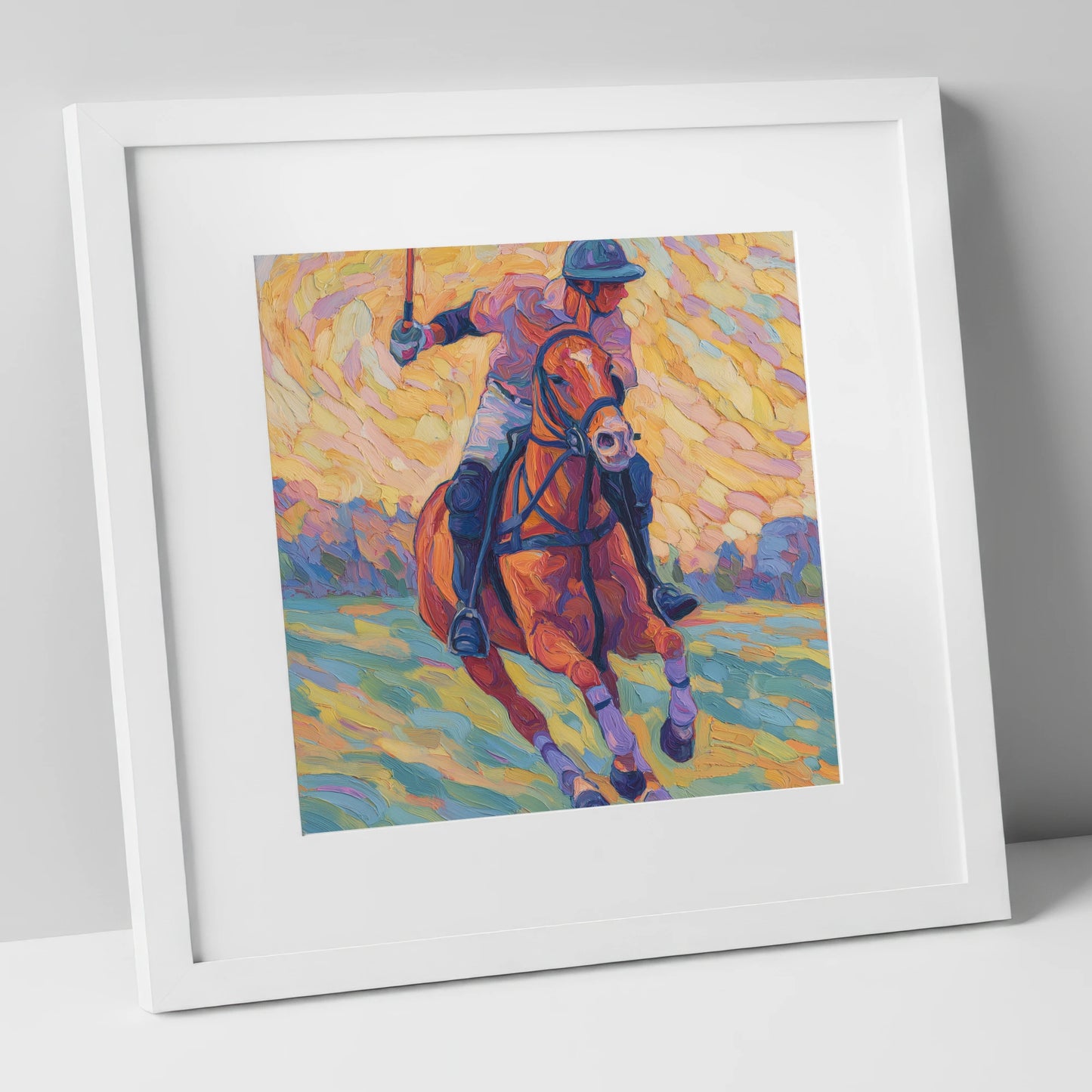 Vivid Polo Pursuit polo horse art print in white frame