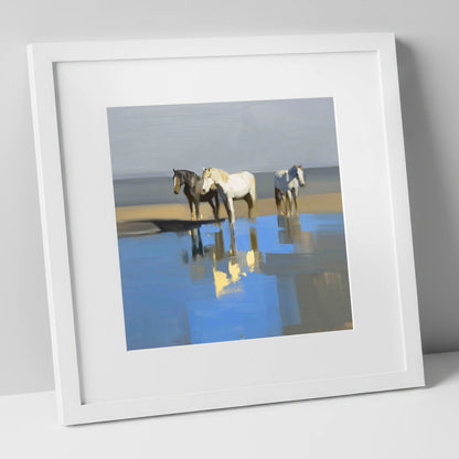 Azure Shore Reflections wild horses art print in white frame