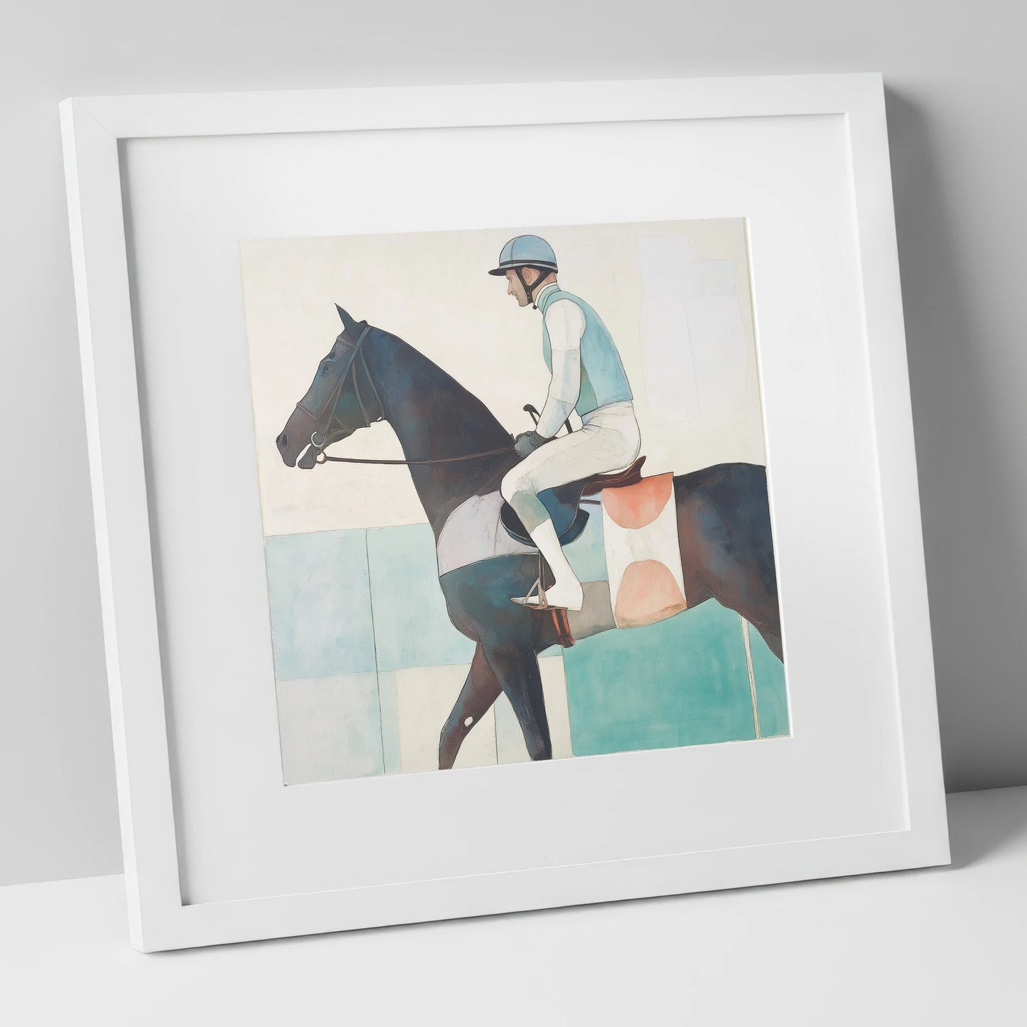 Aquamarine Stride racing horse art print in white frame