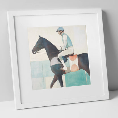 Aquamarine Stride racing horse art print in white frame