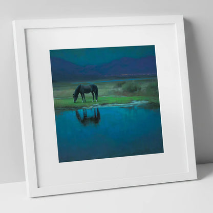 Midnight Reflection horse landscape art print in white frame