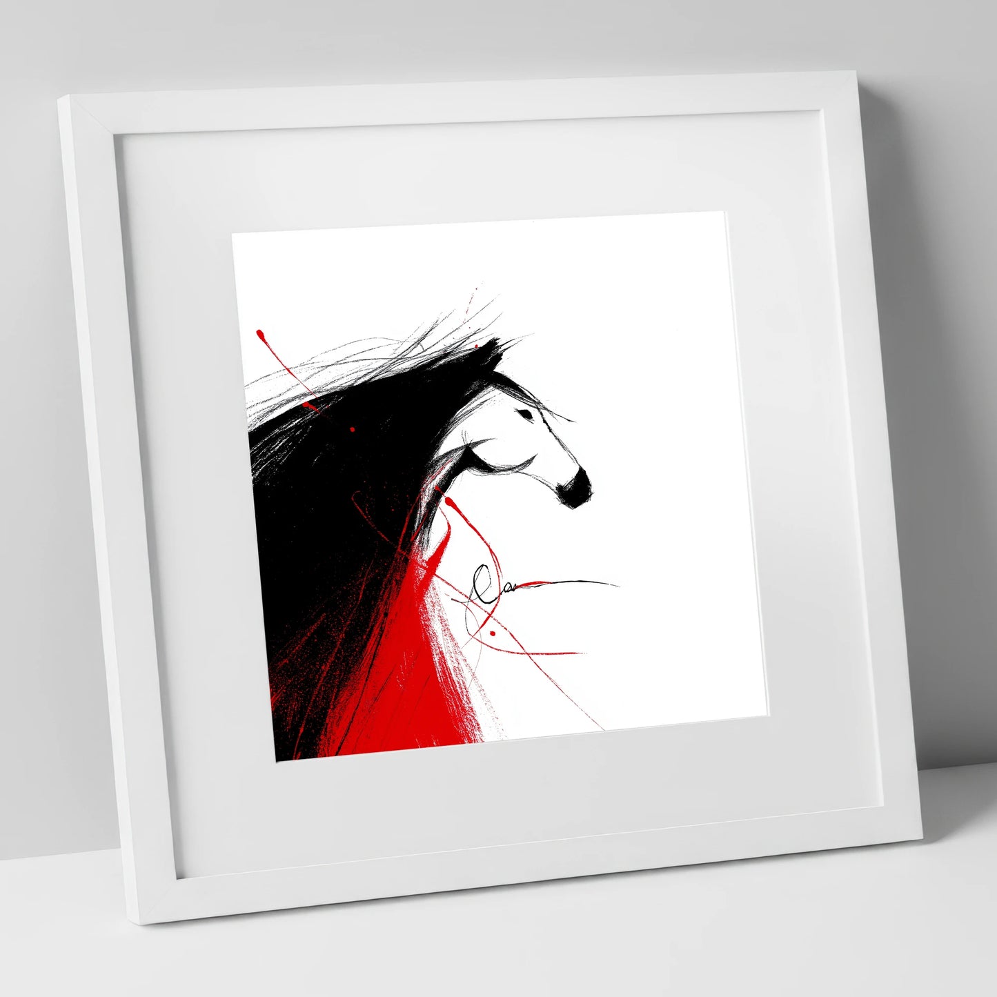 Crimson Spirit Silhouette horse portrait art print in white frame