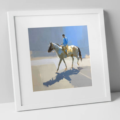 Morning in Blue Silks racing horse art print in white frame