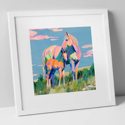 Vibrant Maternal Bond mare & foal art print in white frame