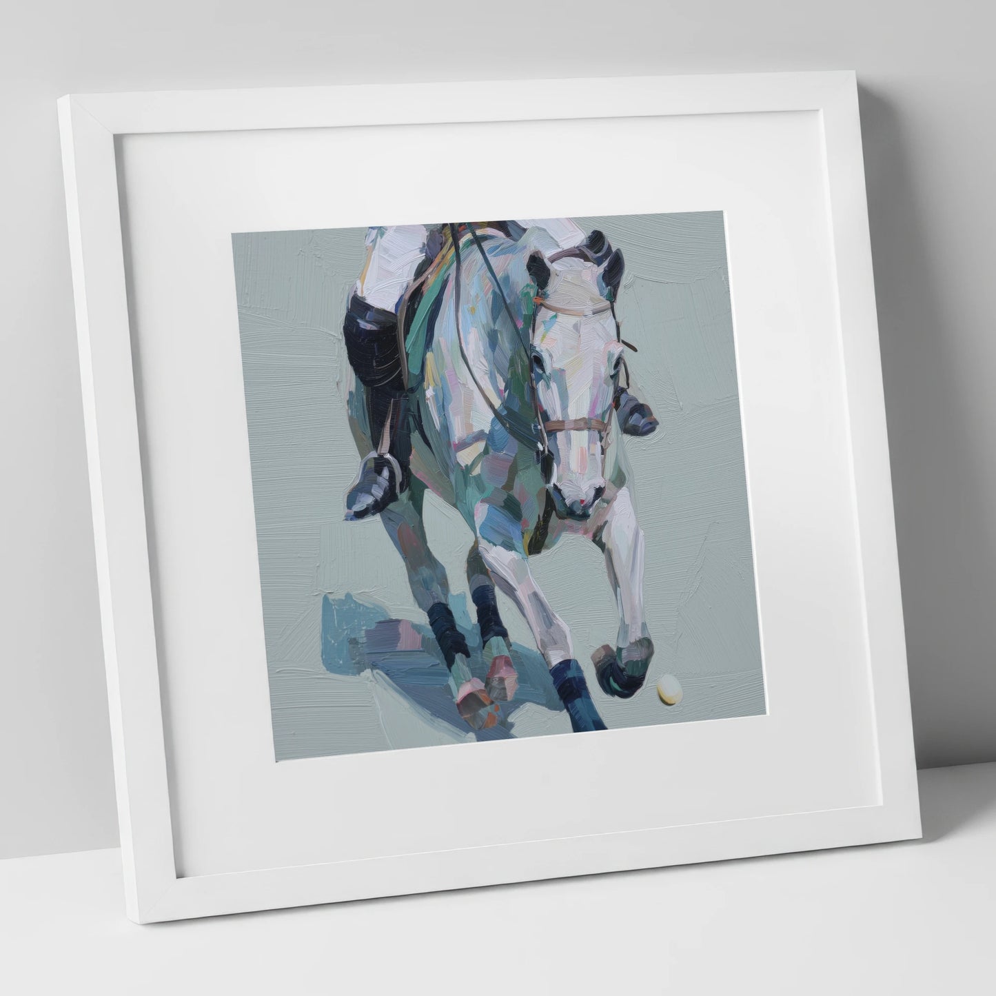 Pastel Polo Charge polo horse art print in white frame