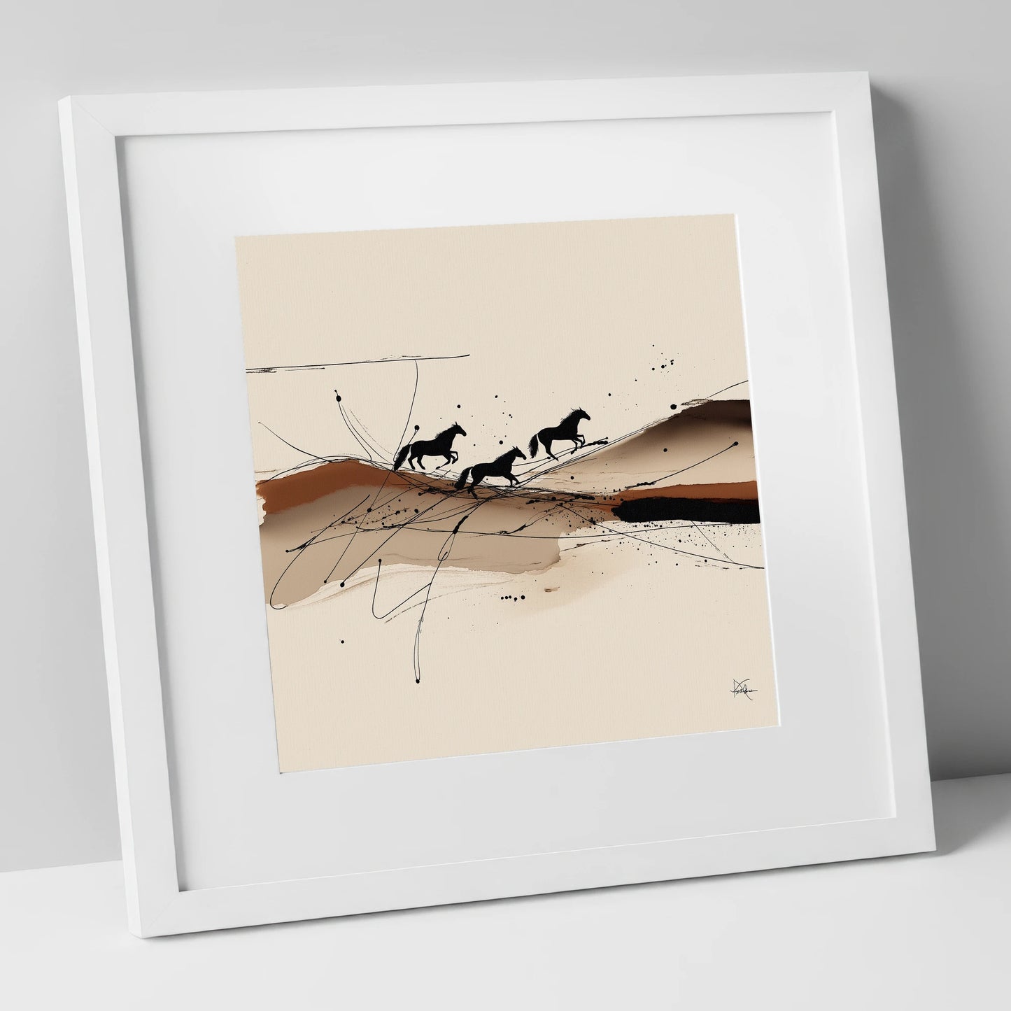 Abstract Sepia Gallop wild horses art print in white frame