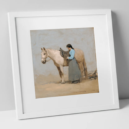 Gentle Preparations horse & rider art print in white frame