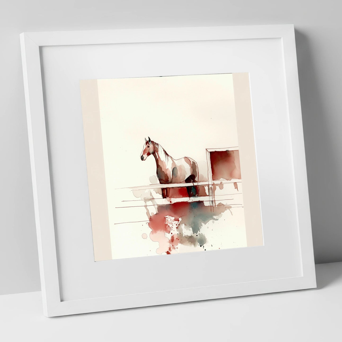 Watching from the Rails horse stable art print in white frame