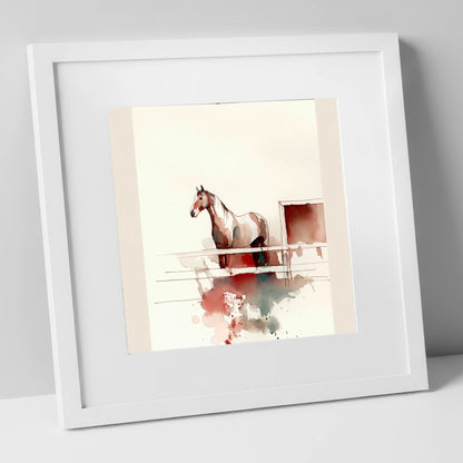 Watching from the Rails horse stable art print in white frame
