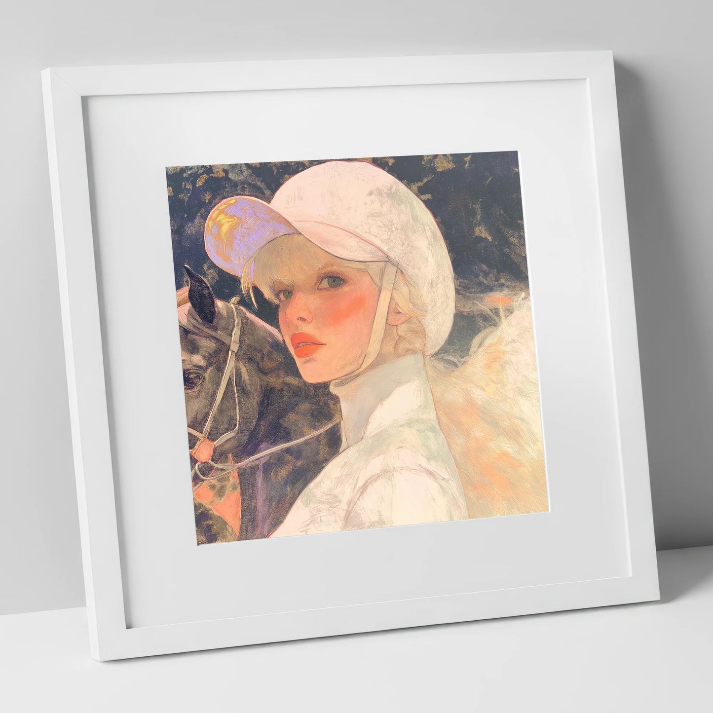 The Jockey's Gaze racing horse art print in white frame