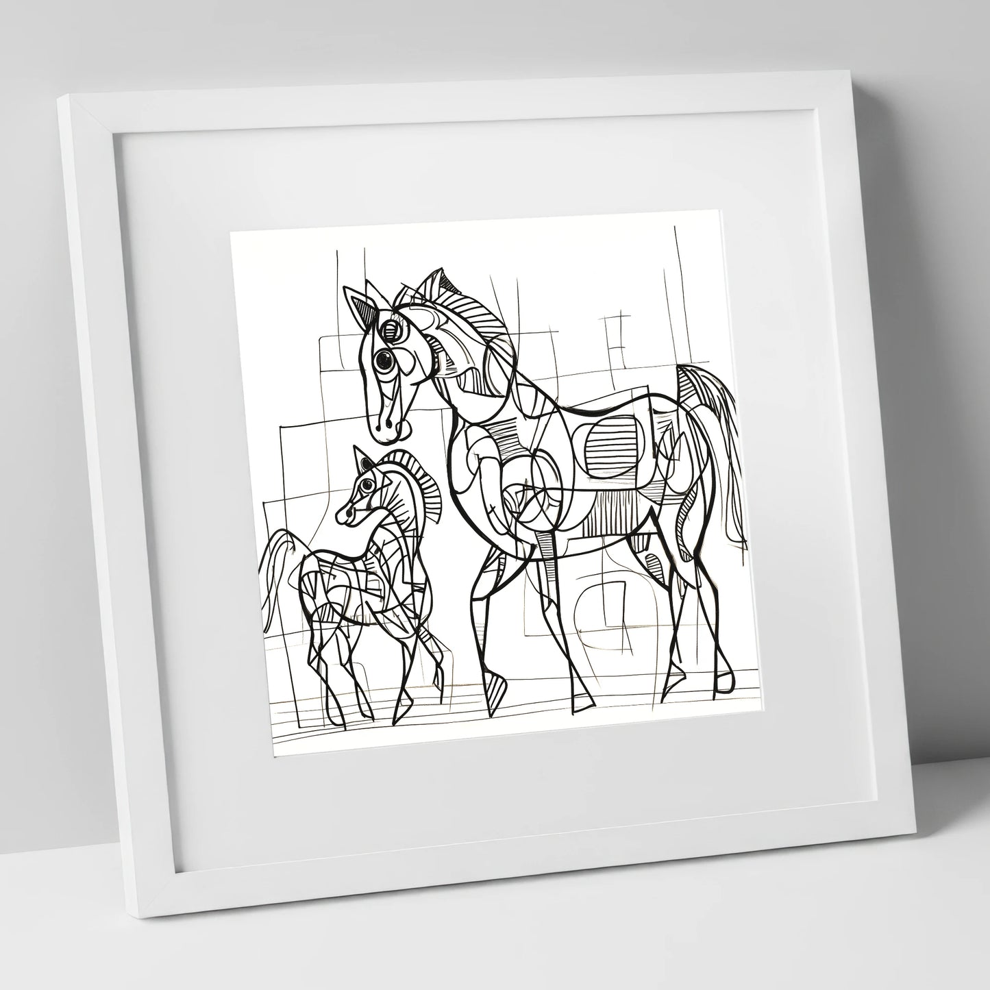 Linear Connection mare & foal art print in white frame