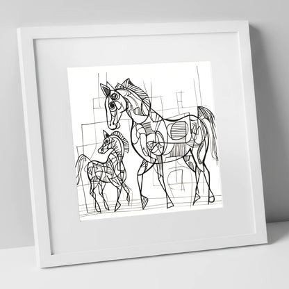 Linear Connection mare & foal art print in white frame
