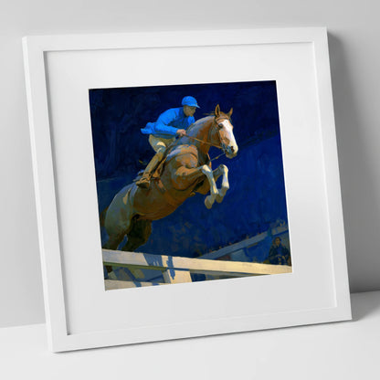 Bold Cobalt Clearance show jumping horse art print in white frame