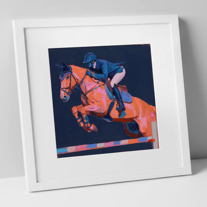 Vivid Flight show jumping horse art print in white frame