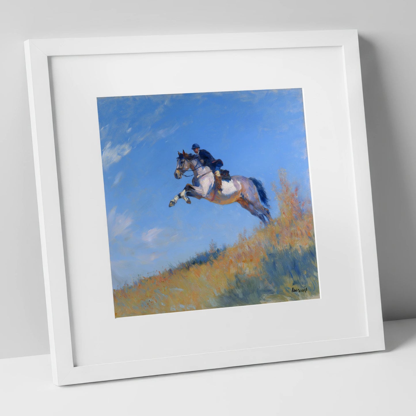Leap Into the Blue show jumping horse art print in white frame