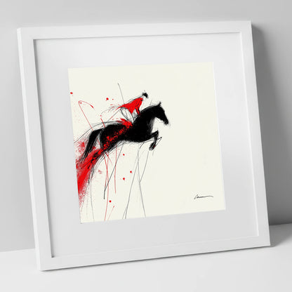 Crimson Flight show jumping horse art print in white frame