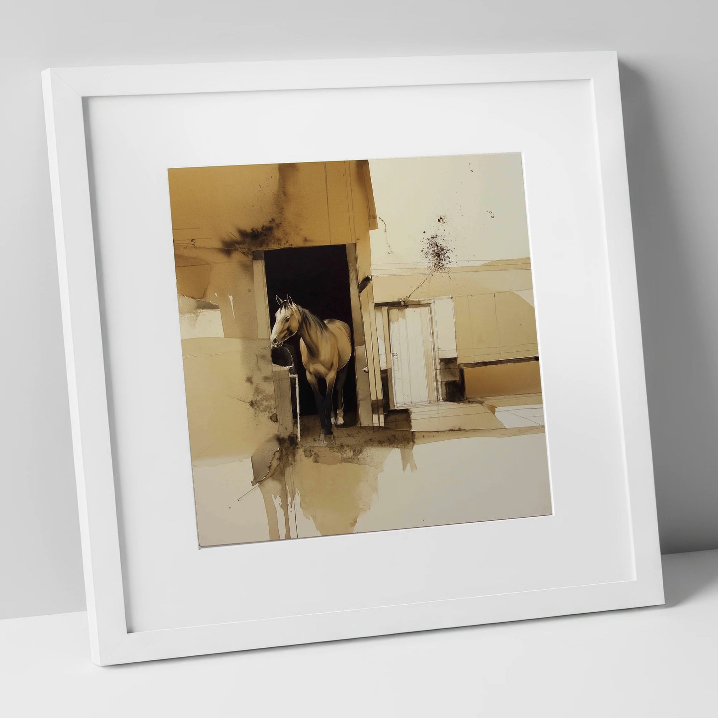Sepia Stable Threshold horse stable art print in white frame