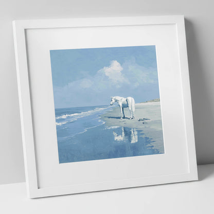 Reflections at Ebb Tide horse landscape art print in white frame