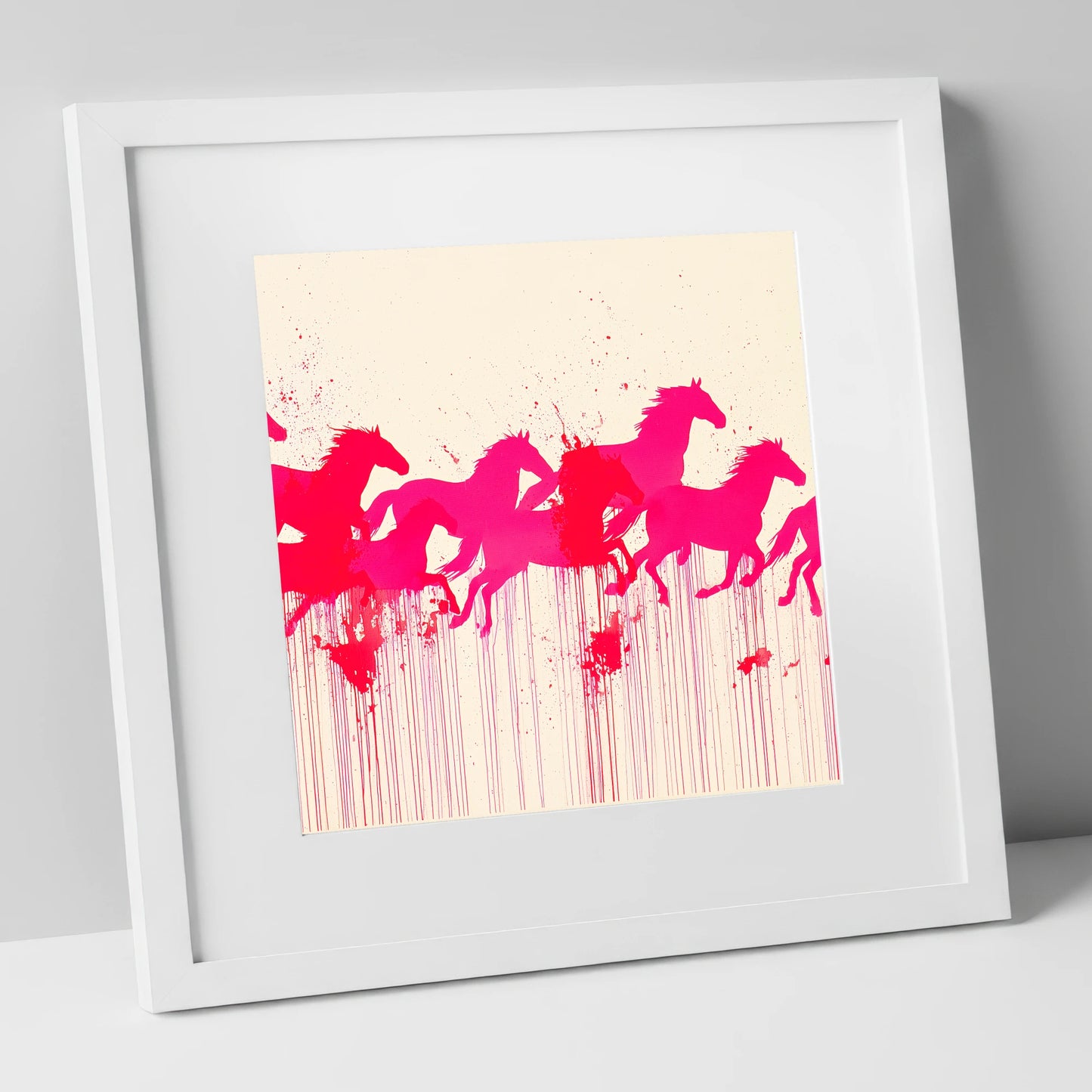 Vivid Magenta Herd wild horses art print in white frame