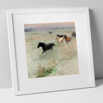 Through The Morning Mist wild horses art print in white frame