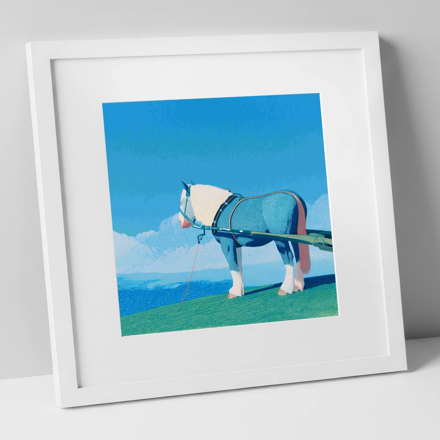 Steadfast Horizon working horse art print in white frame