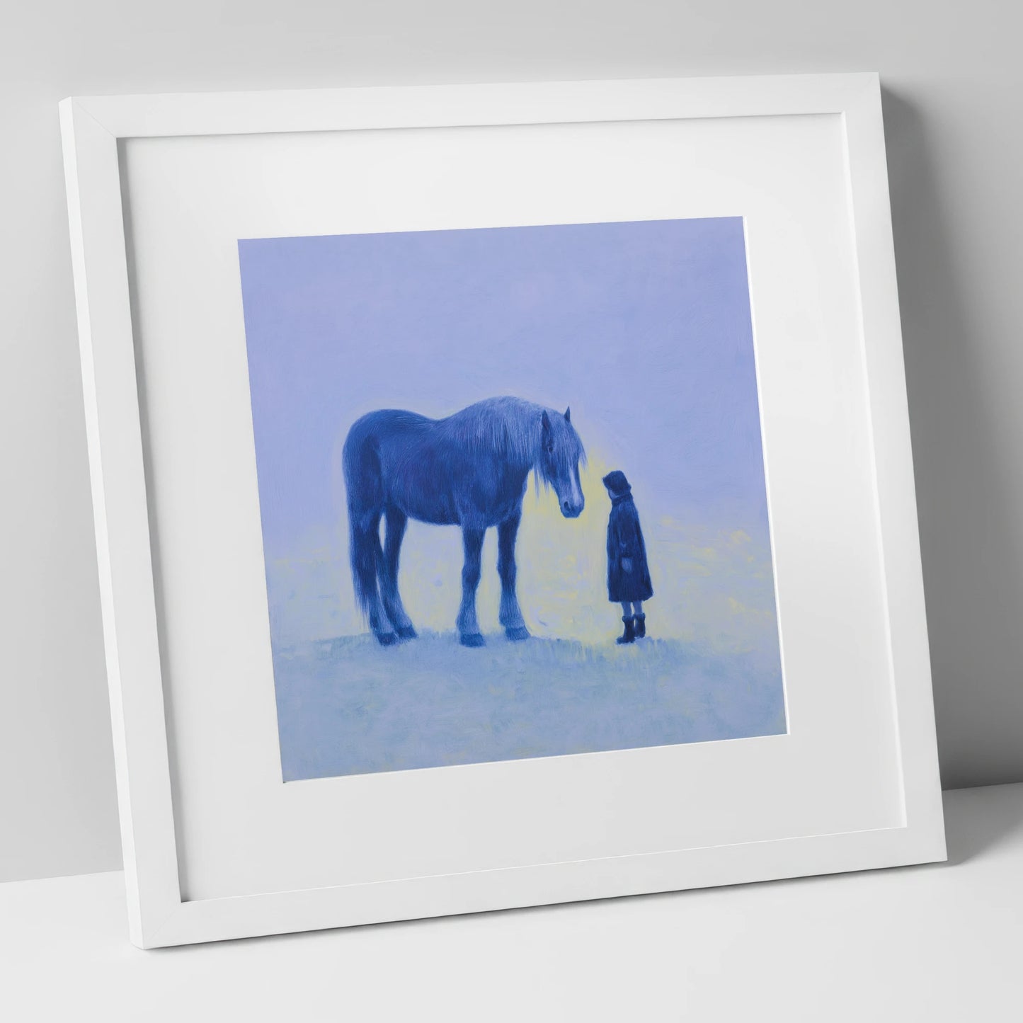 The Indigo Encounter horse & rider art print in white frame