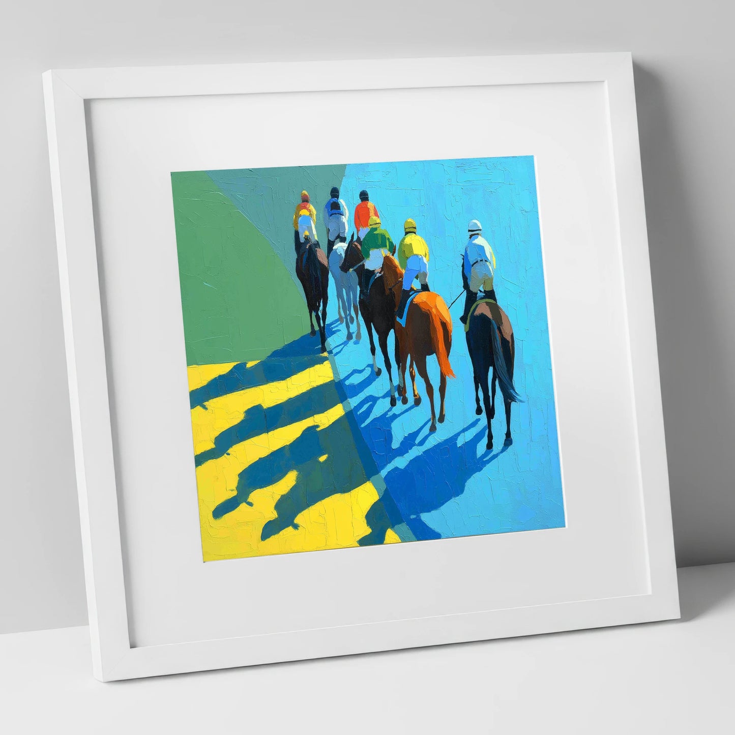 Bright Silks Long Shadows racing horse art print in white frame