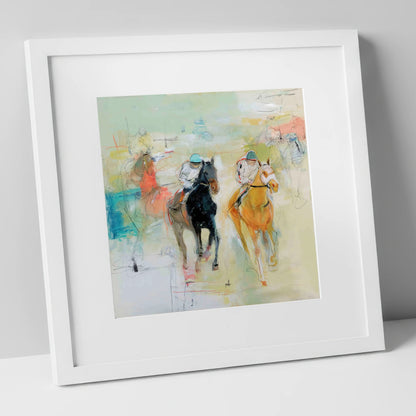 Thundering Strides racing horse art print in white frame