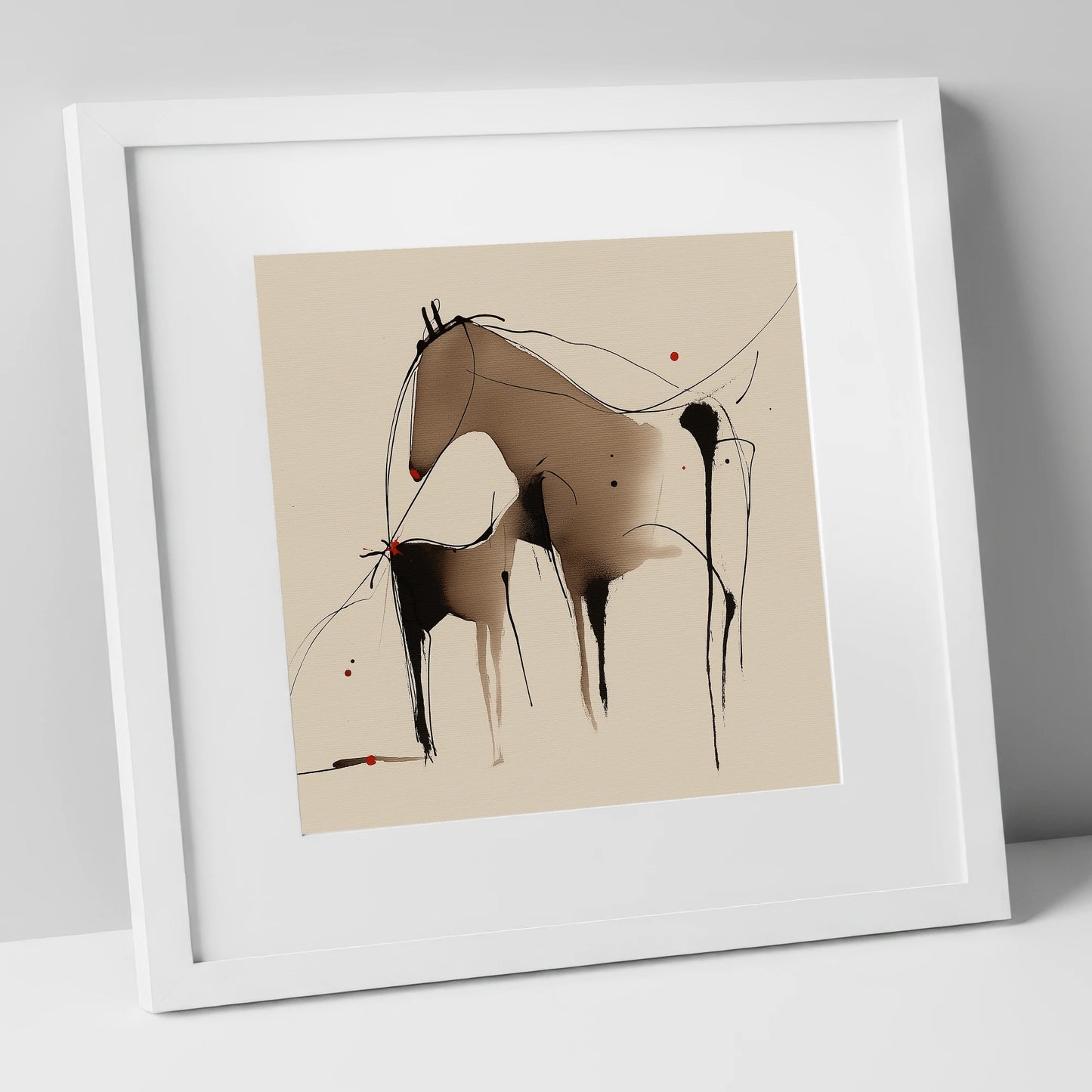 Minimalist Mare and Foal mare & foal art print in white frame