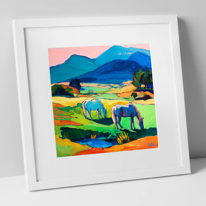 Painted Valley Grazing horse landscape art print in white frame