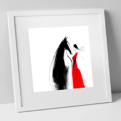 Crimson Connection horse & rider art print in white frame