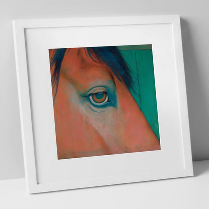 Soulful Emerald Gaze horse portrait art print in white frame