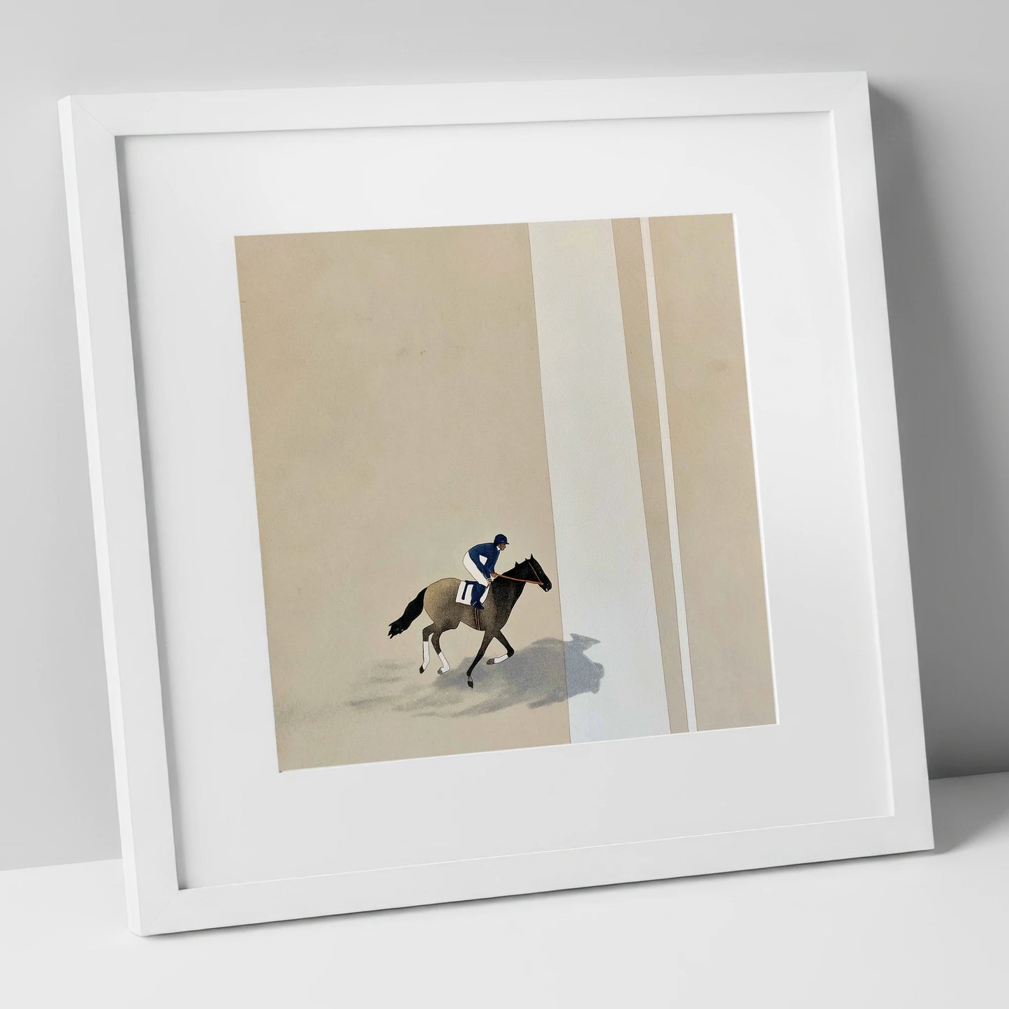 Solitary Gallop racing horse art print in white frame