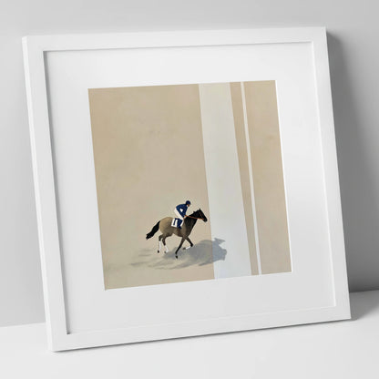 Solitary Gallop racing horse art print in white frame